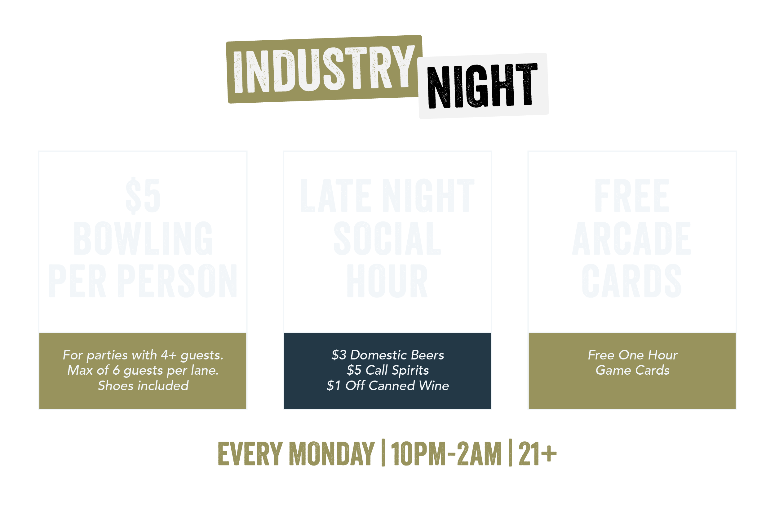 $5 Bowling Per Person (For parties with 4+ guests | Max 6 guests per lane | Shoes included)| Late Night Social Hour | $3 Domestic Beers, $5 call Spirits, $1 off canned wine | Free Arcade Cards with proof of restaurant/retail job | Every Monday 10PM-2AM, 21+